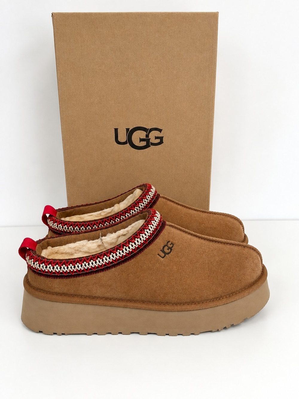 UGG Tazz II Platform Chestnut Suede Slip-On Slippers with Red Trim Size 9